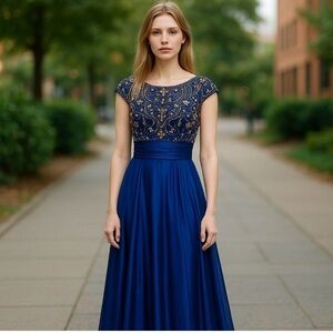 Mac Duggal Blue and Gold Long Dress/Gown for Prom or Special Occasion